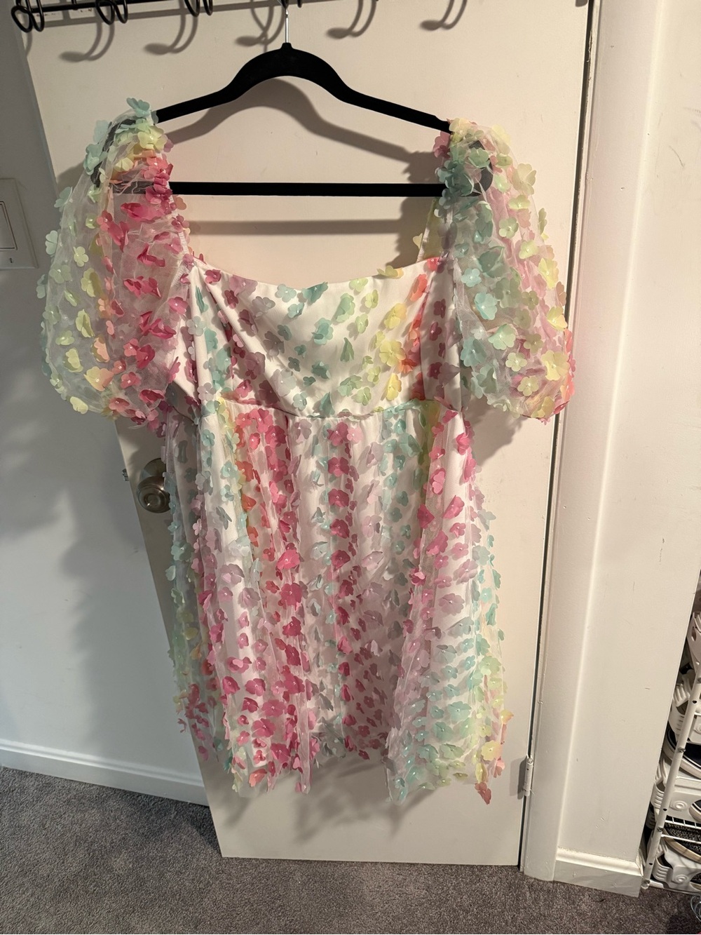 Floral Appliqué Puff Sleeve Women’s dress— Pastel Multi
